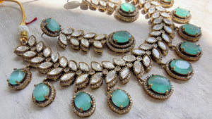 Mint Bridal Necklace Set | Moissanite Polki Kundan Necklace | Indian Wedding Jewelry | Statement Necklace