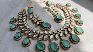 Mint Bridal Necklace Set | Moissanite Polki Kundan Necklace | Indian Wedding Jewelry | Statement Necklace