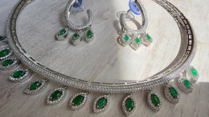 Emerald Green Moissanite CZ hasli Necklace Set | Silver Tone Indian Bridal Jewelry | Statement Wedding Collar Necklace