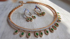 Emerald Green Moissanite CZ hasli Necklace Set | 2 Tone Indian Bridal Jewelry | Statement Wedding Collar Necklace