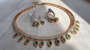 Emerald Green Moissanite CZ hasli Necklace Set | 2 Tone Indian Bridal Jewelry | Statement Wedding Collar Necklace