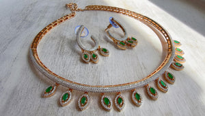 Emerald Green Moissanite CZ hasli Necklace Set | 2 Tone Indian Bridal Jewelry | Statement Wedding Collar Necklace