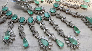 Mint CZ Statement Necklace Set | Silver Tone Indian Bridal Jewelry | Wedding & Reception Necklace