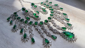 Green Emerald CZ Statement Necklace Set | Silver Tone Indian Bridal Jewelry | Wedding & Reception Necklace