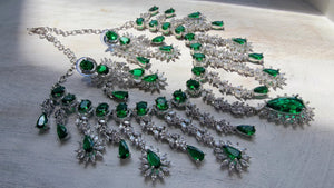 Green Emerald CZ Statement Necklace Set | Silver Tone Indian Bridal Jewelry | Wedding & Reception Necklace
