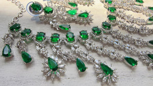 Green Emerald CZ Statement Necklace Set | Silver Tone Indian Bridal Jewelry | Wedding & Reception Necklace