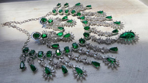 Green Emerald CZ Statement Necklace Set | Silver Tone Indian Bridal Jewelry | Wedding & Reception Necklace