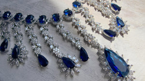Blue Sapphire CZ Statement Necklace Set | Silver Tone Indian Bridal Jewelry | Wedding & Reception Necklace