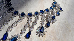 Blue Sapphire CZ Statement Necklace Set | Silver Tone Indian Bridal Jewelry | Wedding & Reception Necklace