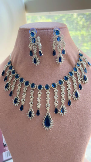 Blue Sapphire CZ Statement Necklace Set | Silver Tone Indian Bridal Jewelry | Wedding & Reception Necklace