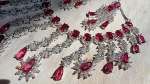 Ruby CZ Statement Necklace Set | Silver Tone Indian Bridal Jewelry | Wedding & Reception Necklace