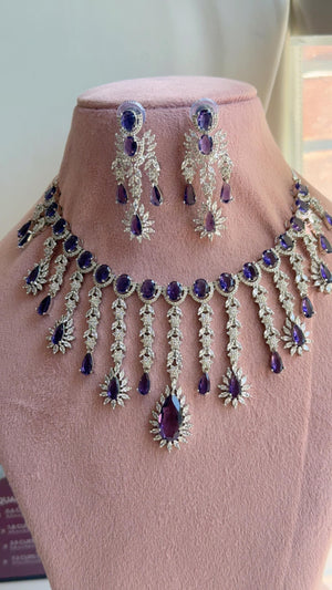 CZ Statement Purple Necklace Set | Silver Tone Indian Bridal Jewelry | Wedding & Reception Necklace