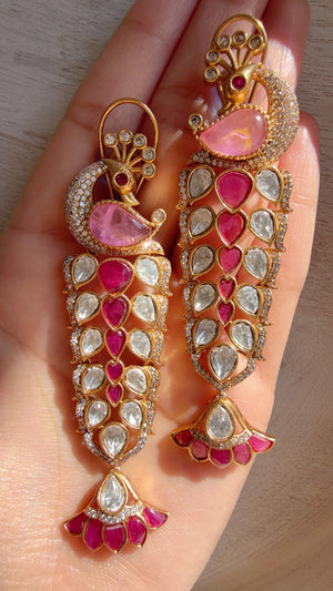 Maya Ruby Pink Peacock danglers/Amrapali inspired Moissanite doublet Earrings/Elegant Statement Jewelry/Bridal jhumka