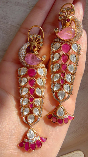 Maya Ruby Pink Peacock danglers/Amrapali inspired Moissanite doublet Earrings/Elegant Statement Jewelry/Bridal jhumka