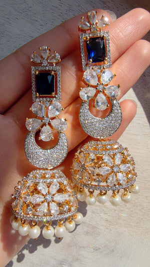 2 Tone Chaand diamond jhumka Earrings next to real/ Indian Jewelry Indian Earrings/American Diamond jhumka/CZ Earrings/