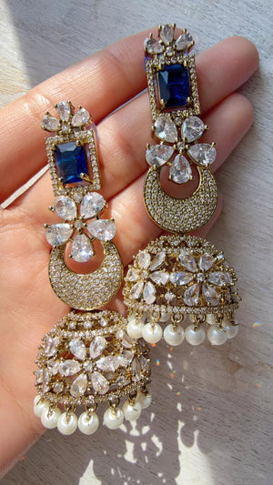 Anaya Mehendi Chaand diamond jhumka Earrings next to real/ Indian Jewelry Indian Earrings/American Diamond jhumka/CZ Earrings/