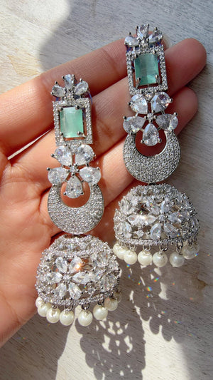 Anaya Rhodium Chaand diamond jhumka Earrings next to real/ Indian Jewelry Indian Earrings/American Diamond jhumka/CZ Earrings/
