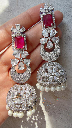 Anaya Rhodium Chaand diamond jhumka Earrings next to real/ Indian Jewelry Indian Earrings/American Diamond jhumka/CZ Earrings/