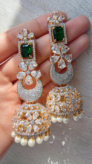 Anaya 2 Tone Chaand diamond jhumka Earrings next to real/ Indian Jewelry Indian Earrings/American Diamond jhumka/CZ Earrings/