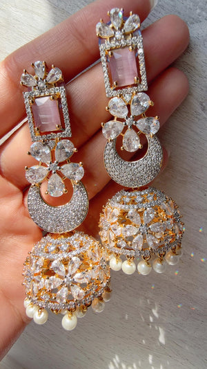 Anaya 2 Tone Chaand diamond jhumka Earrings next to real/ Indian Jewelry Indian Earrings/American Diamond jhumka/CZ Earrings/