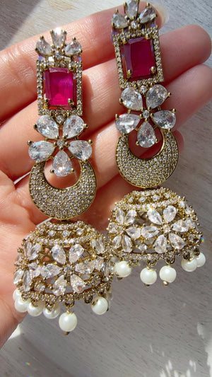 Anaya Mehendi Chaand diamond jhumka Earrings next to real/ Indian Jewelry Indian Earrings/American Diamond jhumka/CZ Earrings/