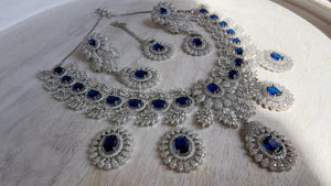 Rhodium Bridal Blue Sapphire Necklace Set with Earrings and Maang Tikka | CZ Indian Wedding Jewelry | Statement Necklace - Kajol