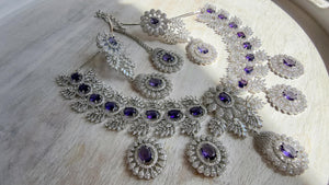 Rhodium Bridal Purple Necklace Set with Earrings and Maang Tikka | CZ Indian Wedding Jewelry | Statement Necklace - Kajol