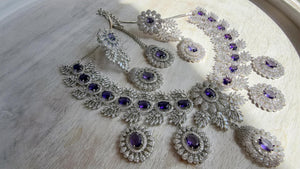 Rhodium Bridal Purple Necklace Set with Earrings and Maang Tikka | CZ Indian Wedding Jewelry | Statement Necklace - Kajol