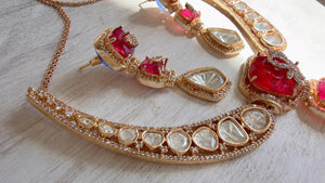 Classical Modern Kundan Ruby Hasli Necklace Set | Indian Bridal Hasli | Statement Wedding Jewelry - Niyati