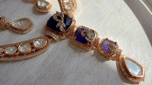 Classical Modern Kundan Blue Purple Hasli Necklace Set | Indian Bridal Hasli | Statement Wedding Jewelry - Niyati