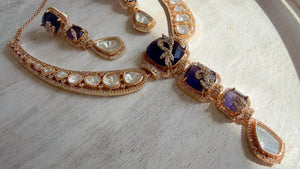 Classical Modern Kundan Blue Purple Hasli Necklace Set | Indian Bridal Hasli | Statement Wedding Jewelry - Niyati