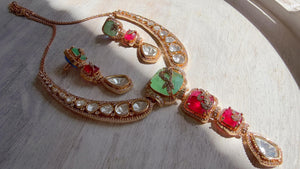 Classical Modern Kundan Mint Ruby Hasli Necklace Set | Indian Bridal Hasli | Statement Wedding Jewelry - Niyati