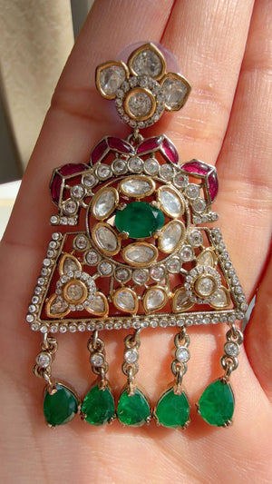 Green Long Victorian Stone Bridal Necklace Set | Moissanite Polki Kundan Necklace | Indian Wedding Jewelry | Statement Necklace - Anna