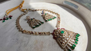 Green Long Victorian Stone Bridal Necklace Set | Moissanite Polki Kundan Necklace | Indian Wedding Jewelry | Statement Necklace - Anna