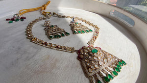 Green Long Victorian Stone Bridal Necklace Set | Moissanite Polki Kundan Necklace | Indian Wedding Jewelry | Statement Necklace - Anna