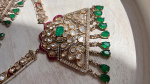 Green Long Victorian Stone Bridal Necklace Set | Moissanite Polki Kundan Necklace | Indian Wedding Jewelry | Statement Necklace - Anna