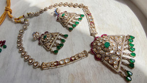 Green Long Victorian Stone Bridal Necklace Set | Moissanite Polki Kundan Necklace | Indian Wedding Jewelry | Statement Necklace - Anna