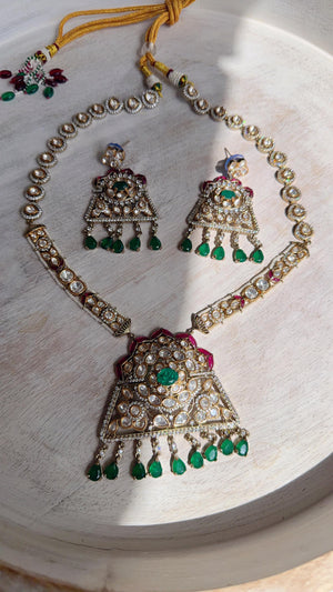 Green Long Victorian Stone Bridal Necklace Set | Moissanite Polki Kundan Necklace | Indian Wedding Jewelry | Statement Necklace - Anna