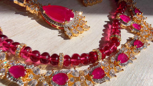 Ruby 2 Layer Two-Tone CZ Diamond Necklace Set | Double Strand Bridal Necklace with Matching Earrings - Bella