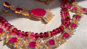 Ruby 2 Layer Two-Tone CZ Diamond Necklace Set | Double Strand Bridal Necklace with Matching Earrings - Bella
