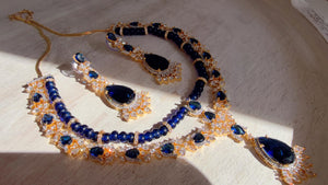 Royal Blue 2 Layer Two-Tone CZ Diamond Necklace Set | Double Strand Bridal Necklace with Matching Earrings - Bella