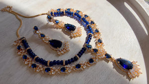 Royal Blue 2 Layer Two-Tone CZ Diamond Necklace Set | Double Strand Bridal Necklace with Matching Earrings - Bella