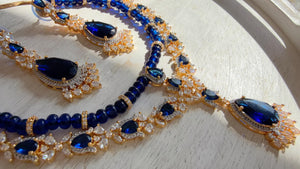 Royal Blue 2 Layer Two-Tone CZ Diamond Necklace Set | Double Strand Bridal Necklace with Matching Earrings - Bella