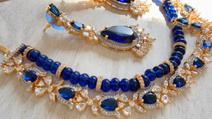 Royal Blue 2 Layer Two-Tone CZ Diamond Necklace Set | Double Strand Bridal Necklace with Matching Earrings - Bella