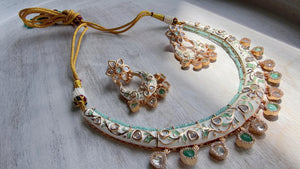 Mint kundan Polki Choker Necklace Set Indian Bridal Wedding Jewelry / diamond Hasli /Indian Wedding jewelry