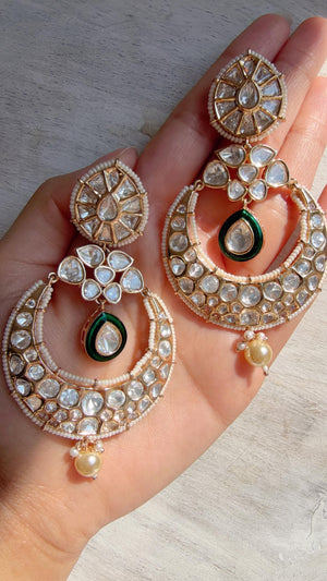Sabyasachi-Inspired Moissanite kundan Green chandbali Earrings/ Statement Jewelry/Moissanite jhumka Earrings/Bridal Diamond earrings