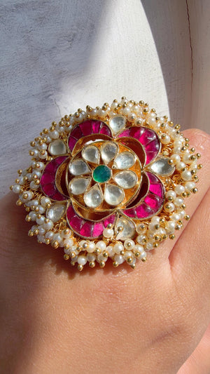 Jadau Pachi Kundan Ruby green finger ring /Bridal Kundan Moissanite diamond Ring/Adjustable Ring/Diamond Ring /Indian Wedding jewelry/