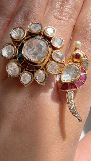 Rumi Navratan Bridal Kundan Moissanite kundan Ring/ Contemporary Diamond Navratna Gold Ring/Gold Bird Moissanite Ring/diamond bridal Ring