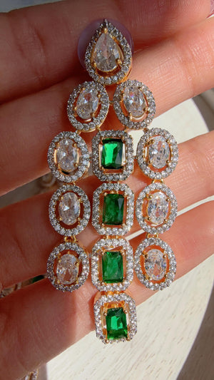 Emerald Green 2 Tone Triple Layer Long Diamond CZ Necklace | Elegant Multi-Layer Cubic Zirconia Necklace | Statement Party & Bridal Jewelry