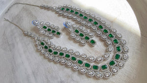 Emerald Green Rhodium Triple Layer Long Diamond CZ Necklace | Elegant Multi-Layer Cubic Zirconia Necklace | Statement Party & Bridal Jewelry